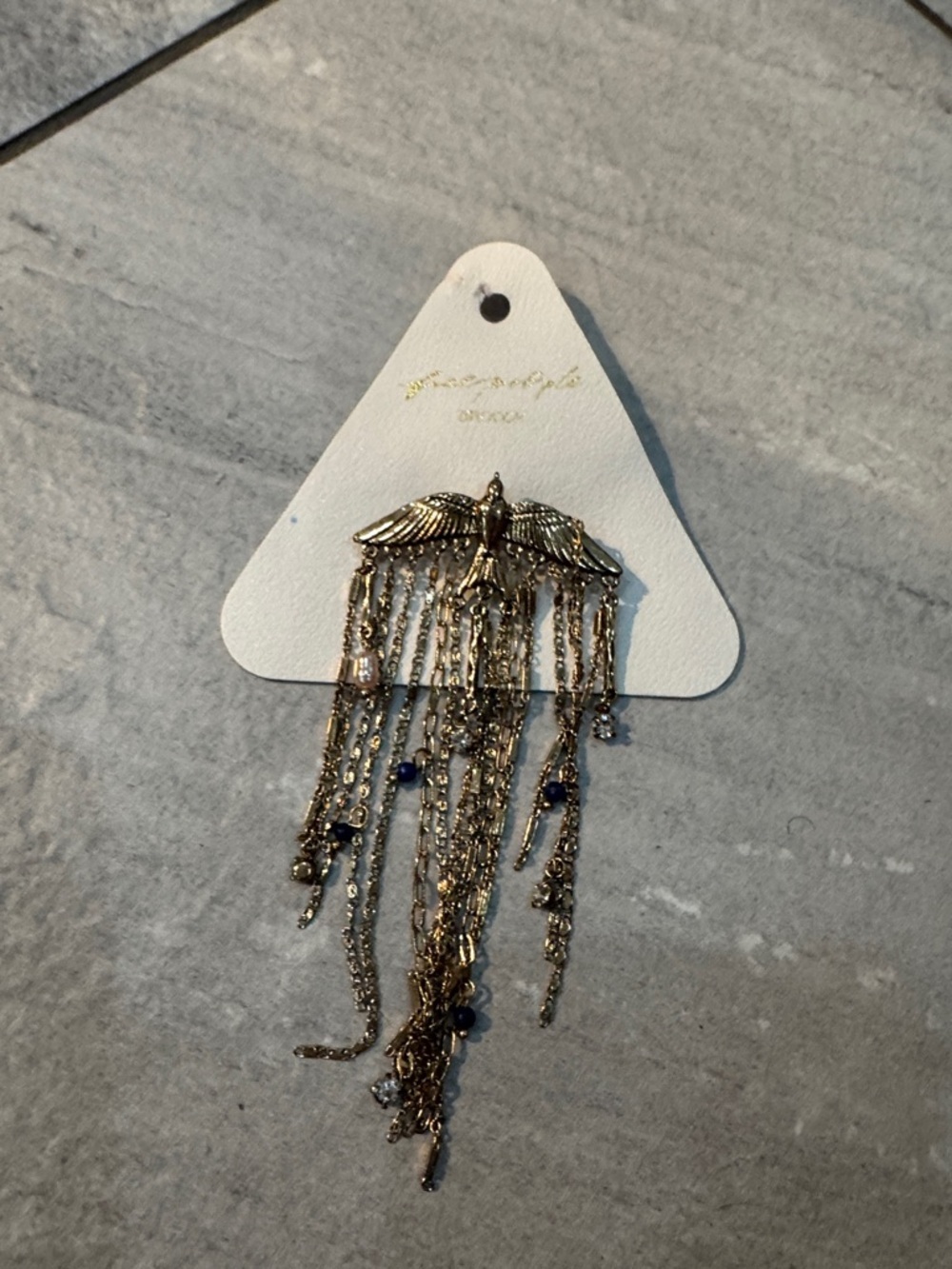 Free people Gold Winged Multi-Chain Fringe Brooch with Blue Bead Accents